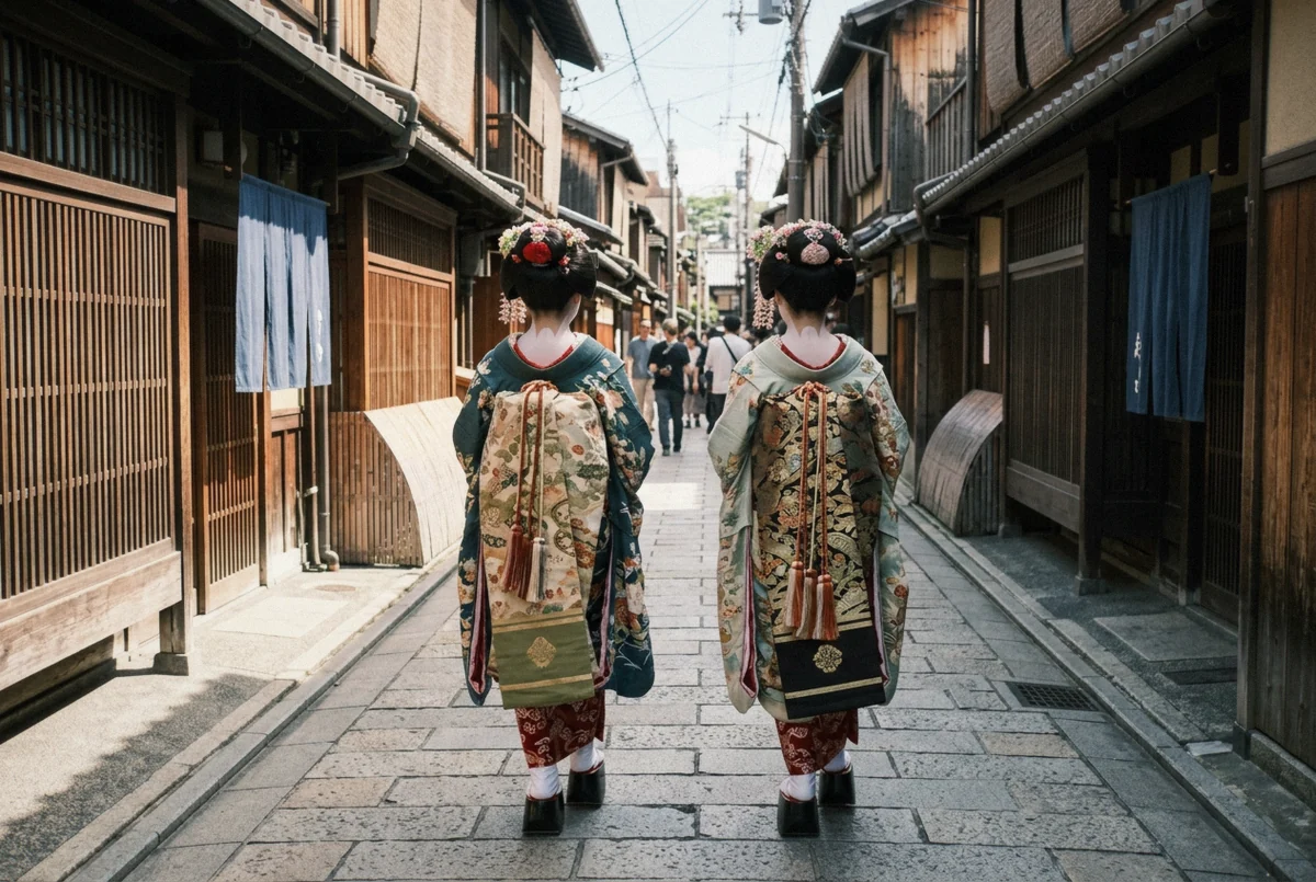 Maiko in traditional dress walking a Gion street at dusk, illustrating the geisha vs maiko distinction in Kyoto