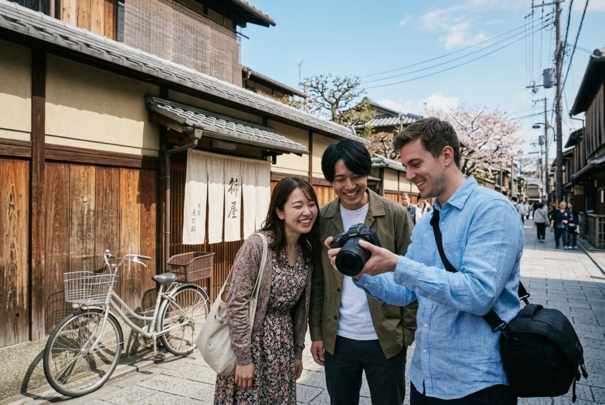 A photographer checking a camera screen with a couple during a Kyoto photoshoot, showing what drives the session's cost