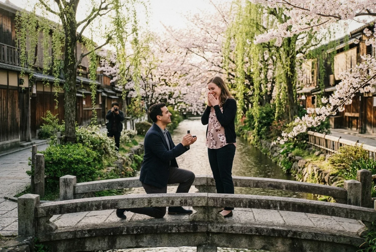 Man on one knee proposing to his partner on a quiet Kyoto stone lane at dusk during a kyoto proposal photoshoot