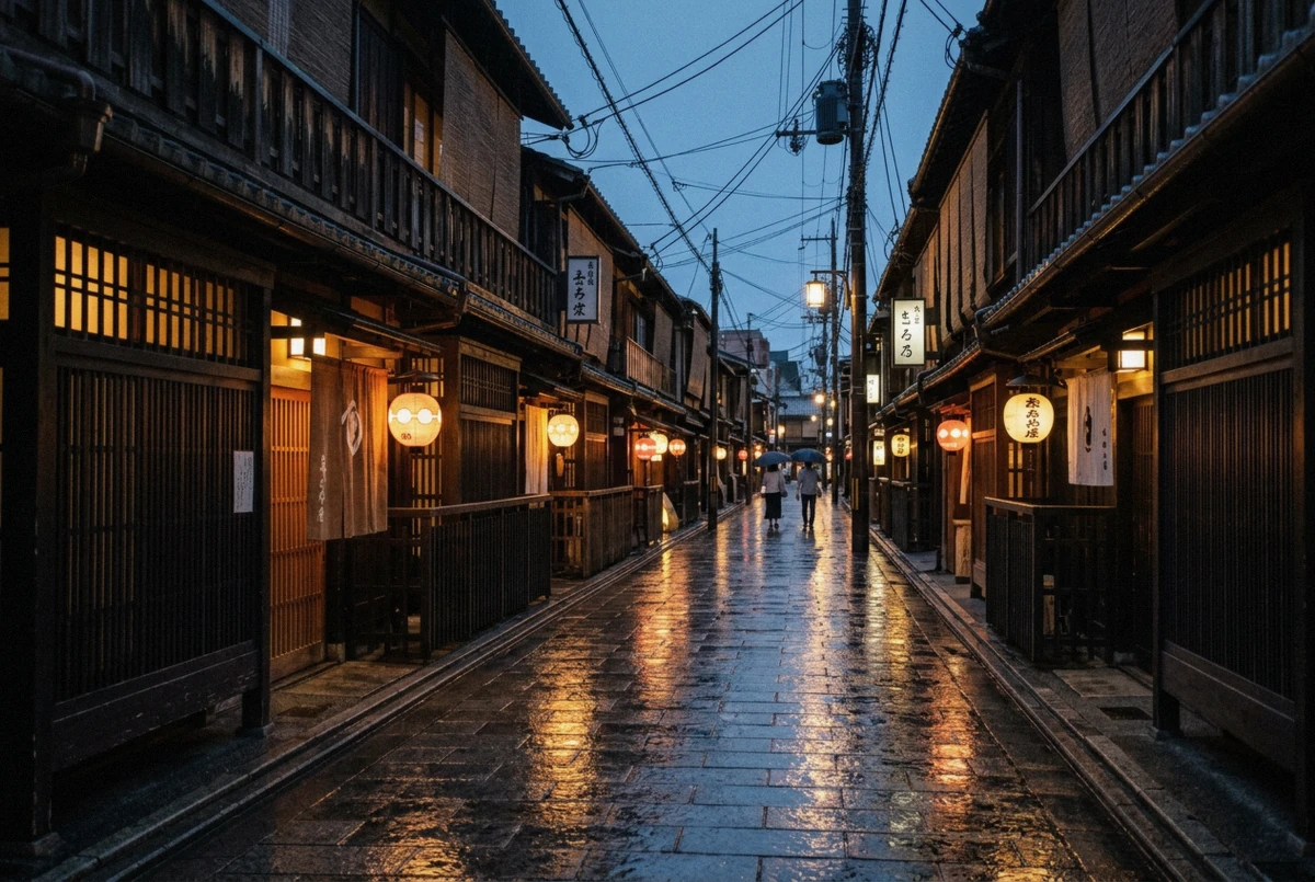 Wooden machiya teahouse facades on Hanamikoji Street in Gion, backdrop of a private Kyoto photoshoot