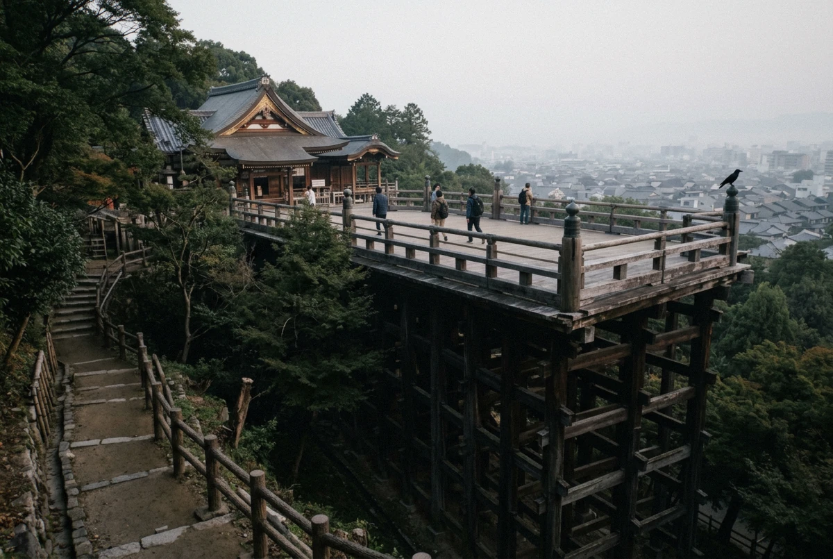 Kiyomizu-dera temple stage above the Higashiyama rooftops, a hillside Kyoto photoshoot location